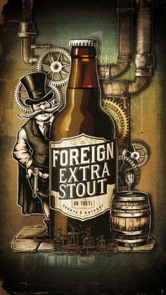 a beer bottle with a man in top hat standing next to a barrel and cogwheels