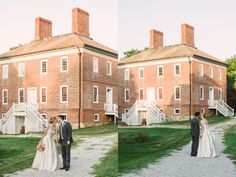 a bride and groom standing in front of a large brick building with white stairs leading up to it