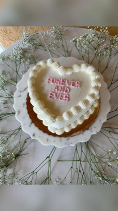 a heart - shaped cake with the words forever and ever written in frosting on it