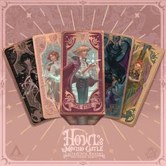 four tarot cards with an image of alice and the neverlands characters on them