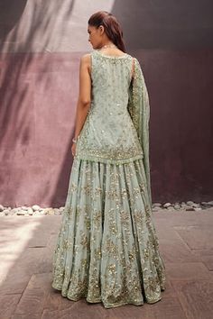 Mint lehenga with sequin, beads and thread embroidery in floral pattern. Paired with an embroidered short kurta and dupatta. - Aza Fashions Mint Lehenga, Kurta Lehenga, Floral Lehenga, Short Kurta, Thread Embroidery, Embroidered Shorts, Floral Pattern