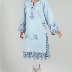 Description: One Can Never Go Wrong With Blue. This Lovely Shirt With Beautiful Printing And Cute Striped Patti Detailing Is Easy To Style And Easier To Fall For. Color: Light Blue Cut: Boxy Fabric: Cotton Jacquard Casual Blue Dresses For Eid, Blue Cotton Dress For Eid, Blue Kurta, Sana Safinaz, Color Light Blue, Xl Dress, Dress Brands, Fabric Cotton, Color Light