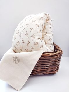 a wicker basket with two pillows in it