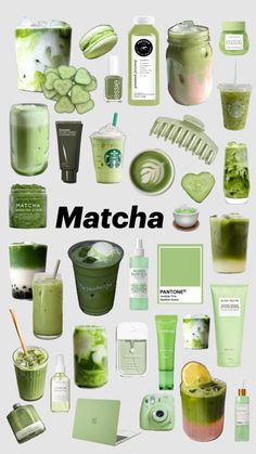 green drinks and cosmetics are arranged in the shape of a circle with words matcha on it