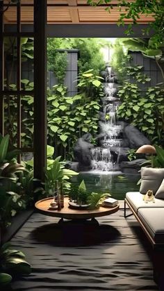 a living room filled with furniture and a waterfall