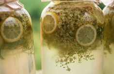 three jars with lemons and herbs in them