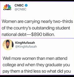 two tweets with the caption women are carrying nearly two thirds of the country's outstanding student national debt $ 89090 billion