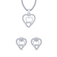 Metal Finish: White, Metal Type: Solid 14k Gold White Gold Pendant Jewelry Sets For Anniversaries, White Gold Pendant Jewelry Set For Anniversary, Elegant Heart Cut Jewelry Sets, Elegant Heart Pendant Jewelry Set For Valentine's Day, Heart Cut Diamond Jewelry With Matching Earrings, Elegant Heart-shaped Jewelry Sets For Anniversary, Elegant Heart Shaped Jewelry Set For Mother's Day, White Diamond Heart Earrings, Diamond White Double Heart Formal Jewelry