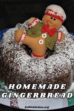 a homemade gingerbread bundt cake on a plate with the words homemade gingerbread