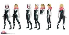 some character designs for the animated movie spider - man into the spiderverse, with pink hair