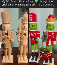 two wooden nutcrackers are on display next to each other, one is holding a christmas tree