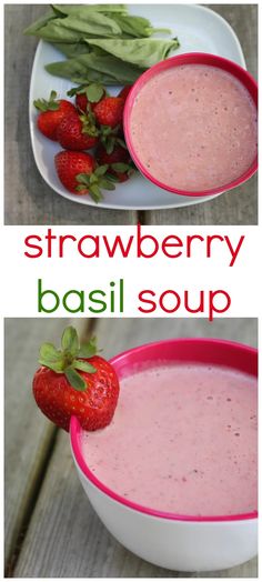 two bowls filled with strawberry basil soup on top of a wooden table