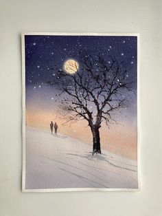 a painting of two people walking in the snow under a tree with a full moon