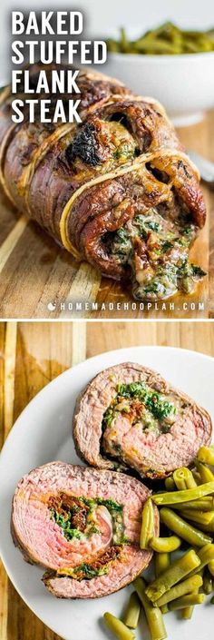 baked stuffed flank steak with green beans on the side