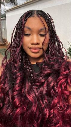 Box Braids Burgundy And Black, Black Red Braids, Burgundy Hairstyles For Black Women, Dark Red Box Braids, Burgundy Passion Twists, Burgundy Braids For Black Women, Burgundy Braiding Hair, Red Boho Braids