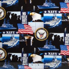 an american flag and navy emblems on black fabric