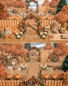 two pictures with pumpkins and other things in them on the same page, one is showing