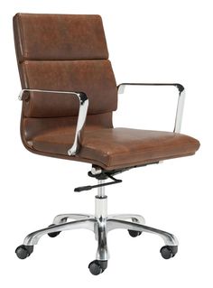 a brown leather office chair with chrome frame and wheels on an isolated white background, viewed from the front