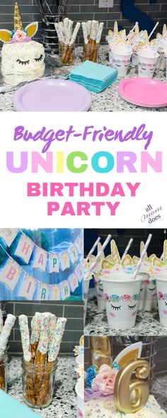 a unicorn birthday party with cupcakes and cake