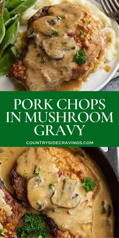 pork chops in mushroom gravy on top of mashed potatoes