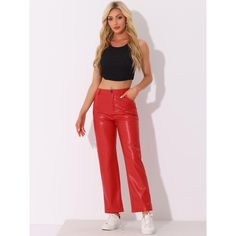 Fit In a straight leg and high waist design, this casual PU pants can better show the curve of your legs and better shape your waistline, making you much sexier and more. Lightweight and breathable faux leather material can add fashion and a classic feel when paired with other outwear. Pair it with jackets, sweaters, T-shirts, vests, camisoles, sports shoes, high heels, plimsolls, and so on, and it can be versatile for daily wear in spring and summer. Edgy Red Bottoms For Night Out, Red Straight Pants For Night Out, Trendy Red Pants For Night Out, Red Straight Leg Bottoms For Night Out, Wide Leg Red Leather Pants For Fall, Trendy Red High-waist Leather Pants, Red High-waisted Leather Pants For Party, High-waist Red Leather Pants For Party, High Waist Red Leather Pants For Party