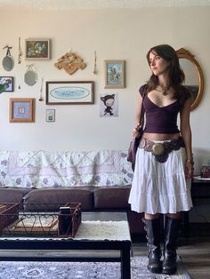 #purple #whitemidiskirt #white #midi #skirtidea #concho #belt #chunkybelt #boots #flowy #skirtfashion #secondhand #secondhandfinds #kneehighboots #leatherboots #leather Purple Boots Outfit, Whimsigoth Outfits, Purple Boots, Looks Pinterest, Concho Belt, Aesthetic Fits, White Midi, Oui Oui, Swaggy Outfits