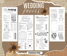 the wedding flowers program is displayed on top of a piece of paper with brown and white designs