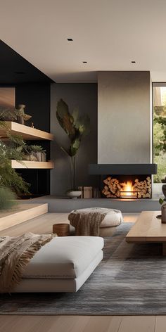 a modern living room with fireplace and couches