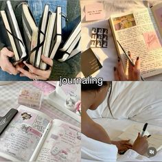 the collage shows different types of journal pages and writing tools, including pens and notebooks