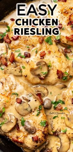 an easy chicken dish with mushrooms and bacon in a skillet