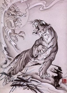 a drawing of a tiger sitting on top of a tree branch next to another animal