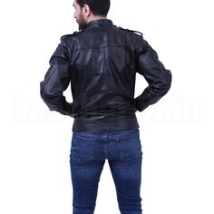 About Robert Black Leather Biker Jacket Remember what Schwarzenegger wore for his role in terminator? Well, wear this jacket, and you won’t look anything less than the multiple time winner of Mr. Olympia. The jacket has a glossy finish and gives you the luxury of both a button-up design and zippers. On top of that, you get a heavenly fitting with cow leather that is both soft and durable. The versatile design works with everything from your everyday slim fit jeans to your semi-casual chinos and loafers. Fold your sleeves and button up your coughs to show off your leather strapped watches and wristbands. Slim fitting Added decorations with zippers and pockets. Pink Biker Jacket, Purple Leather Jacket, Blue Leather Jacket, Black Leather Biker Jacket, Long Leather Coat, Casual Chinos, Leather Jacket With Hood, Mr Olympia, Leather Skin