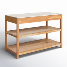 a wooden shelf with two shelves on each side and an open drawer underneath the shelf