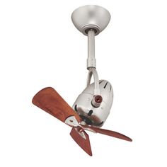 a ceiling fan with two wooden blades and a white light on the top of it