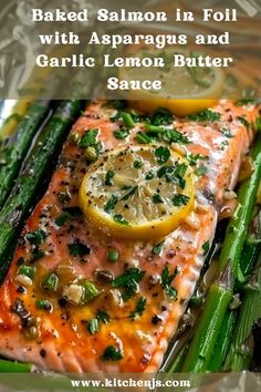 baked salmon in foil with asparagus and garlic lemon butter sauce