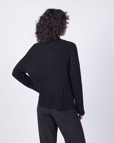 This turtleneck has a relaxed fit, directional ribbed stitch and subtle bell sleeve shape. A breathable sweater that you can wear year-round. / Relaxed Fit / Models wear Size S / 90% Wool, 10% Cashmere / Dry Clean only / Style #Q63127 Fit Models, Black Xs, Funnel Neck, Funnel, Bell Sleeve, Bell Sleeves, Fitness Models, Cashmere, Turtle Neck