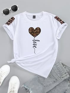 Heart & Letter Graphic Tee Graphic Tees Women Tops White Casual  Short Sleeve Fabric Heart,Letter  Slight Stretch  Women Clothing, size features are:Bust: ,Length: ,Sleeve Length: Printed Tee Women, Leopard Print Shorts, Fabric Heart, Heart Letter, Cute Shirt Designs, Shirt Print Design, Casual Summer Tops, T Shirts With Sayings, Women T Shirts