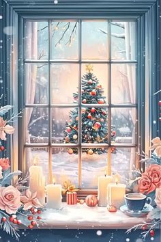 a christmas scene with candles and a tree in front of a window on a snowy day