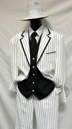 Zoot Suits Mens White with Black Stripe 3 Piece Milano Fortino 5908V Gangster Suit, 3 Button Suit, Gangster Style, Black And White Suit, Zoot Suit, Seersucker Suit, Stylish Suit, Mens Fashion Rugged, Pinstripe Suit