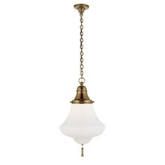 a light fixture with a chain hanging from it's end and a white glass shade