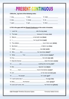 the present continuous tense worksheet is shown in this image, and it includes