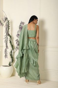 Sage Green Ruffle Saree with Stitched Blouse Set of 2 - Trendroots