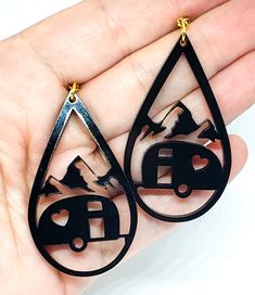 Who is planning a fall camping trip? Maybe to the mountains? These camper earrings would be the perfect accessory for that vacation. Check them out through the link below. DM me for local pick-up. #camper #rv #camperearrings #campersofinstagram #earrings #earringsoftheday #earringstagram #earringswag #earringshop #earringsforsale #earringsLover #earringsaddict #earringshandmade #earringsfashion #rvearrings #campingearrings #glowforge #lasercut #laserengraved #handmade Black Hypoallergenic Fun Earrings, Fun Black Hypoallergenic Earrings, Fun Black Earrings, Camping Earrings, Black Acrylic Earrings, Acrylic Laser Cut, Engraving Ideas, Fall Camping, Witch Earrings