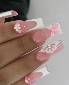 Bow Nail Designs, Quinceanera Nails, Girly Acrylic Nails, French Tip Acrylic Nails, Acrylic Nails Coffin Pink, Unique Acrylic Nails, Long Square Acrylic Nails, Bling Acrylic Nails, Acrylic Nails Coffin Short