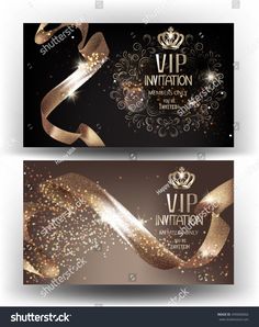 two elegant party banners with gold glitter and ribbons