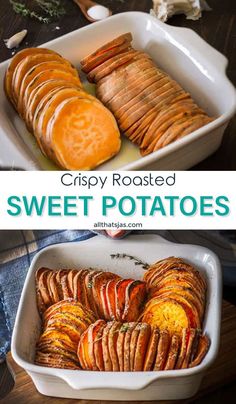 crispy roasted sweet potatoes in a white casserole dish with text overlay