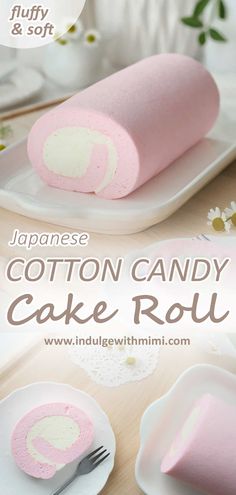 the japanese cotton candy cake roll is ready to be cut into pieces and put on plates