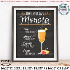 a chalkboard sign with the words make your own mimosa and an apple