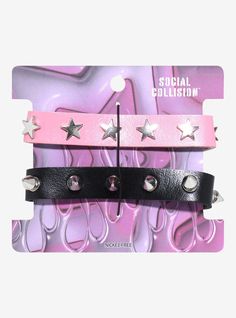 Keep it punk and cute with this faux leather bracelet set! It features a black one with triangular spikes all around and a pink one with star studs all around. Comes with snap buttons to adjust sizing. Hot Topic Pins Buttons, Trendy Adjustable Spiked Bracelets, Black Trendy Bracelets With Studs, Trendy Black Bracelets With Studs, Trendy Festival Bracelets With Rivets, Trendy Star-shaped Bracelets For Party, Trendy Star Bracelet For Party, Trendy Star-shaped Party Bracelet, Adjustable Edgy Studs Jewelry