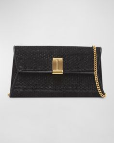 TOM FORD "Nobile" shoulder bag in metallic textured cotton, leather, and brass     Detachable chain shoulder strap     Can be worn as a shoulder or clutch bag     Flap top with T liftclasp closure     Interior, one slip pocket     Lining: Leather    Approx. 5.5"H x 10.4"W x 1.6"D    Item Weight (Lbs.): 0.8    Made in Italy Tom Ford Brand, Leather And Brass, Black Leather Clutch, Prom 2024, 6 D, Dark Gold, Chain Shoulder Bag, American Design, Textured Fabric